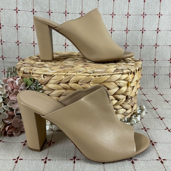 Vince Vero Cuoio Soft Calfskin Leather Tan Heeled Sandals Mules Size 9.5 39.5 - Picture 8 of 9